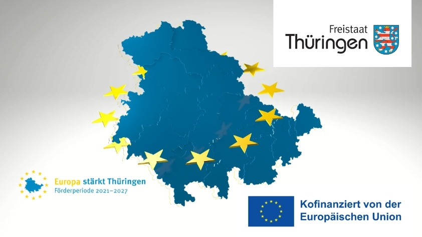 Förderprojekt: 3D-Druck von Glasmaterialien / zu sehen sind grafisch das Bundesland Thüringen, das Logo der EU und das Logo des Freistaates Thüringen