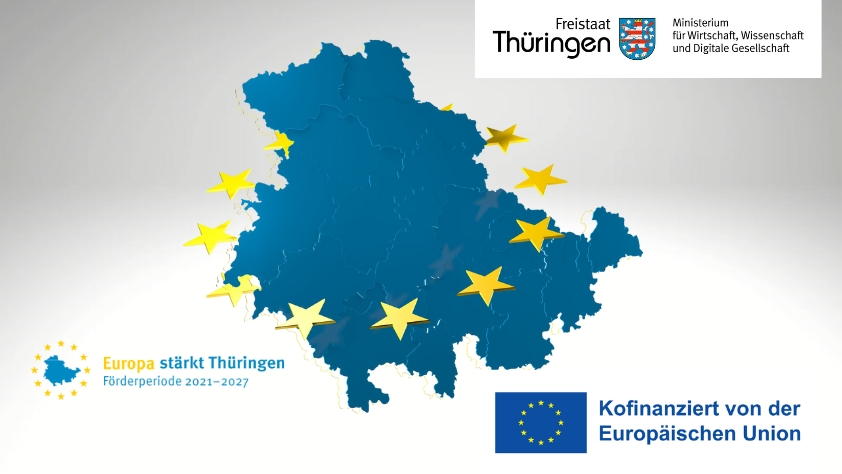Förderprojekt: 3D-Druck von Glasmaterialien / zu sehen sind grafisch das Bundesland Thüringen, das Logo der EU und das Logo des Freistaates Thüringen