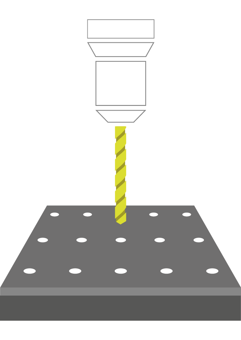 Grafik, die den Prozess der mechanischen Bearbeitung wie Drehen, Fräsen, Gewindeschneiden oder Senken eines Materials darstellt